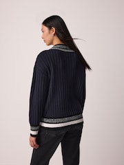Navy Blue Contrast Tipped V-Neck Pullover Ribbed Knitted Jumper - Image 3 of 6