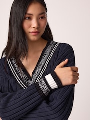 Navy Blue Contrast Tipped V-Neck Pullover Ribbed Knitted Jumper - Image 4 of 6