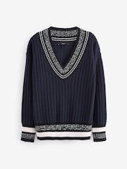 Navy Blue Contrast Tipped V-Neck Pullover Ribbed Knitted Jumper - Image 5 of 6