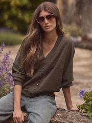 Kaki zelena - Premium 100% Merino volna gumb pletena jopa - Slika 1 iz 6