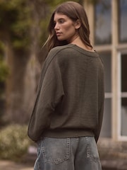 Kaki zelena - Premium 100% Merino volna gumb pletena jopa - Slika 3 iz 6