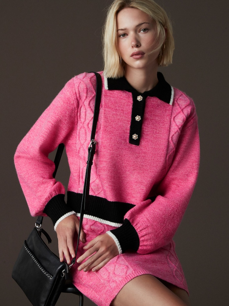 Bright Pink Gem Button Contrast Polo Collar Knitted Jumper - Image 1 of 6