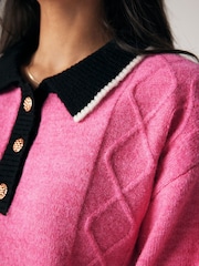 Bright Pink Gem Button Contrast Polo Collar Knitted Jumper - Image 4 of 6