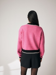 Bright Pink Gem Button Contrast Polo Collar Knitted Jumper - Image 5 of 6