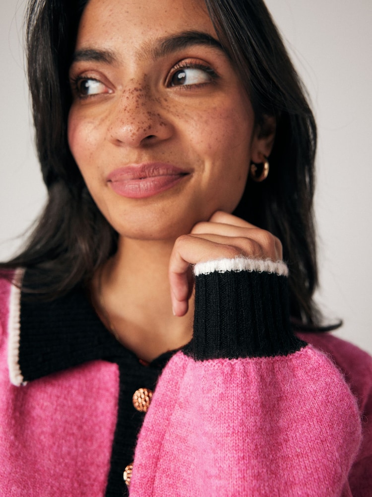 Bright Pink Gem Button Contrast Polo Collar Knitted Jumper - Image 6 of 6