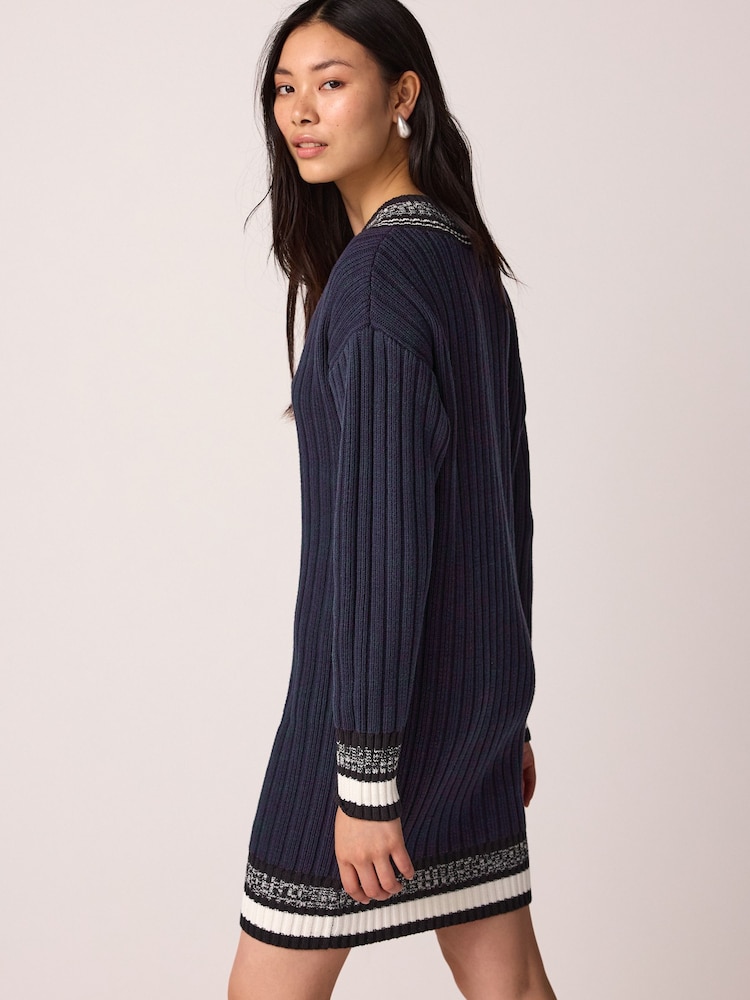 Marineblau/blau - Minikleid aus geripptem Strickpullover mit V-Ausschnitt und Kontraststreifen - Bild 2 von 6