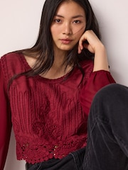 Burgundy Red Crochet Knitted Woven Mix Blouse Top - Image 1 of 7
