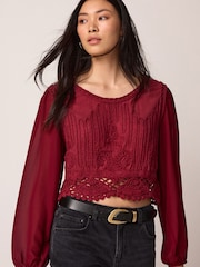 Burgundy Red Crochet Knitted Woven Mix Blouse Top - Image 2 of 7