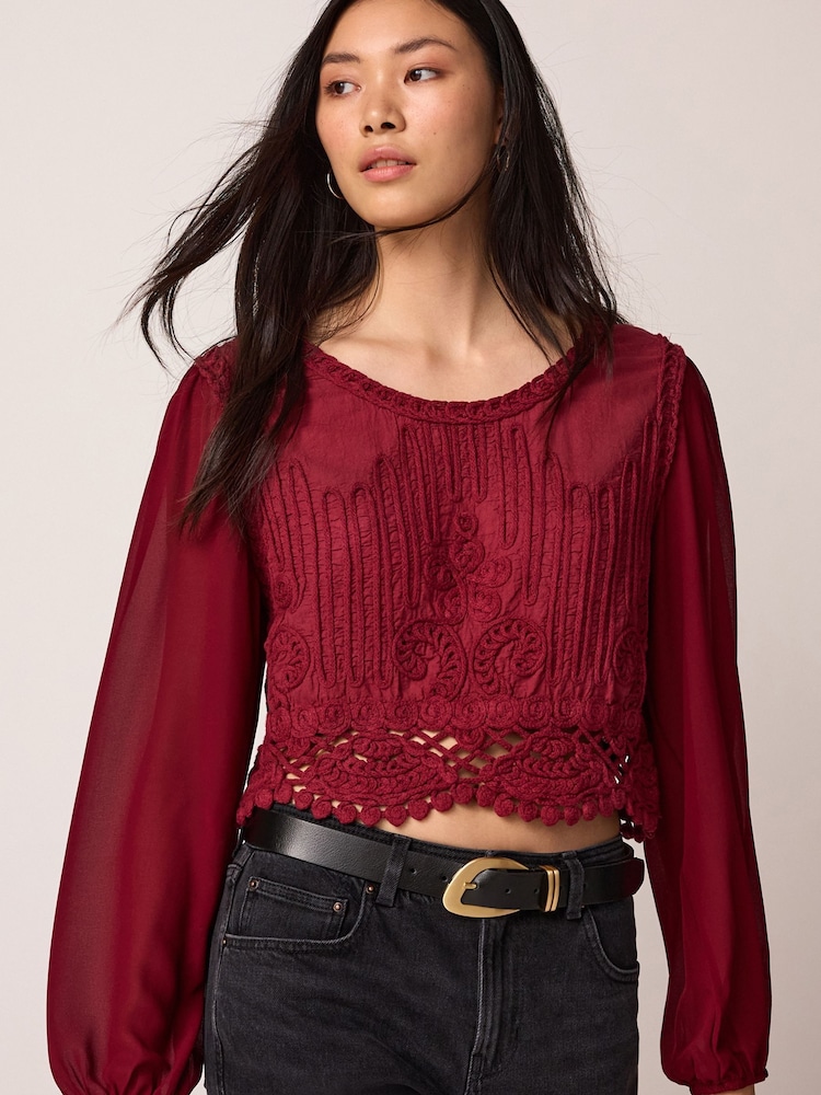 Burgundy Red Crochet Knitted Woven Mix Blouse Top - Image 2 of 7