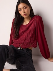 Burgundy Red Crochet Knitted Woven Mix Blouse Top - Image 3 of 7