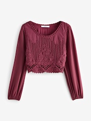 Burgundy Red Crochet Knitted Woven Mix Blouse Top - Image 6 of 7