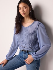 Chambray Blue Crochet Knitted Woven Mix Blouse Top - Image 1 of 5