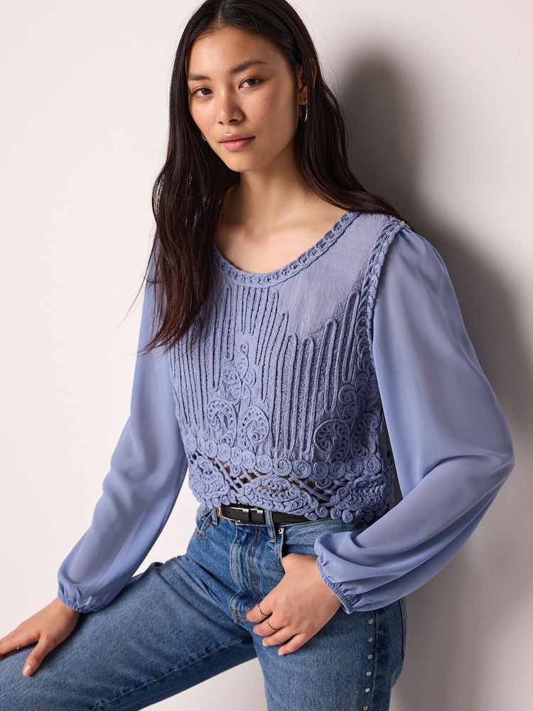 Chambray Blue Crochet Knitted Woven Mix Blouse Top - Image 1 of 5