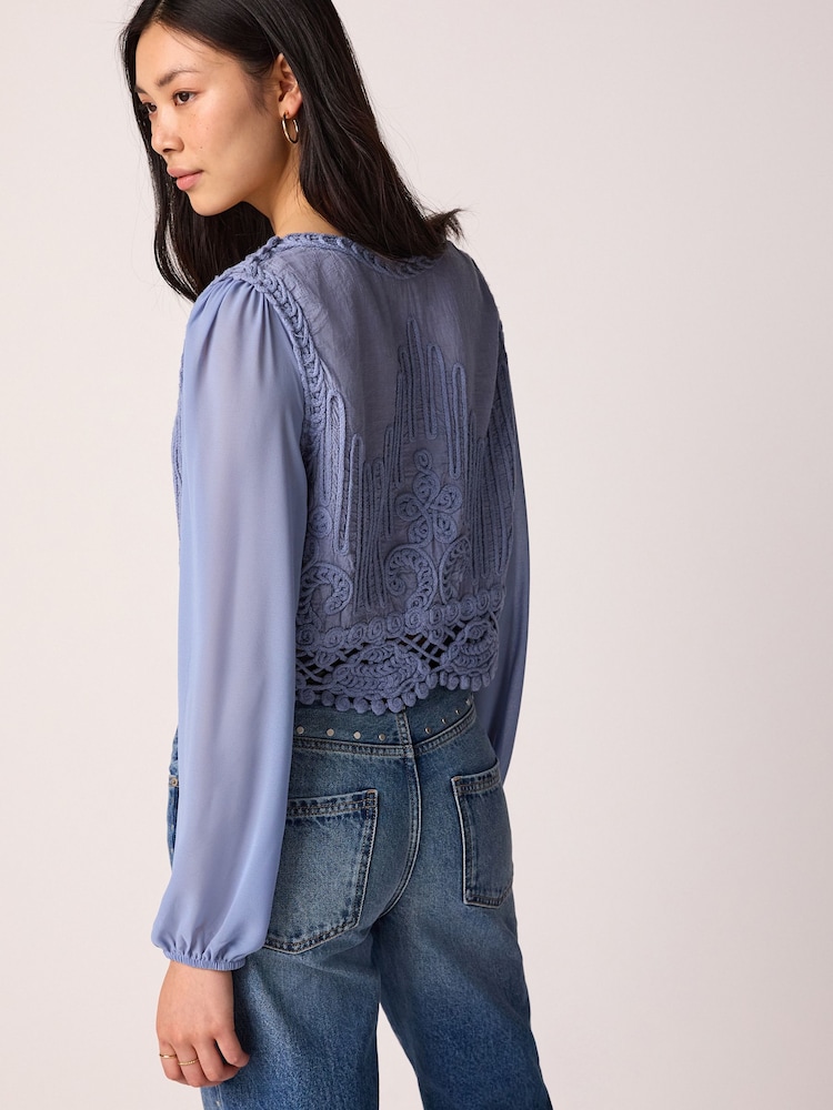 Chambray Blue Crochet Knitted Woven Mix Blouse Top - Image 2 of 5