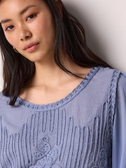 Chambray Blue Crochet Knitted Woven Mix Blouse Top - Image 3 of 5