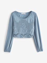 Chambray Blue Crochet Knitted Woven Mix Blouse Top - Image 4 of 5