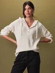 Ecru Cream Sparkle Gem Button Knitted Hoodie - Image 1 of 7