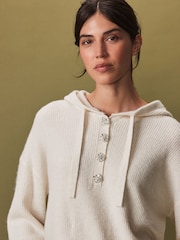 Ecru Cream Sparkle Gem Button Knitted Hoodie - Image 4 of 7
