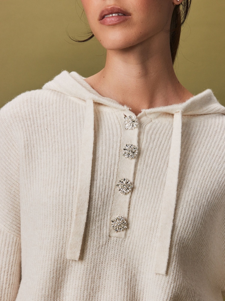 Crème écru - Sweat-shirt à capuche en maille avec boutons Sparkle Gem - Image 5 of 7
