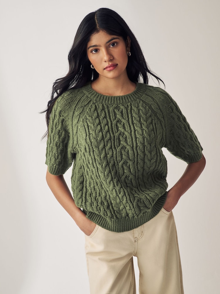 Khaki Green Short Sleeve Cable Knitted Jumper With Wool - Image 1 of 6