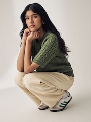 Khaki Green Short Sleeve Cable Knitted Jumper With Wool - Image 2 of 6