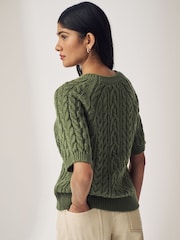 Khaki Green Short Sleeve Cable Knitted Jumper With Wool - Image 3 of 6