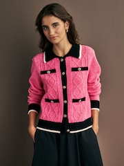 Bright Pink Smart Contrast Tipped Knitted Co-ord Jacket - Image 1 of 9