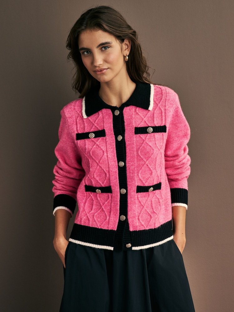Bright Pink Smart Contrast Tipped Knitted Co-ord Jacket - Image 1 of 9