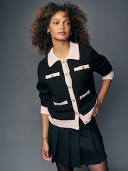 Black White Smart Contrast Tipped Knitted Co-ord Jacket - Image 1 of 6