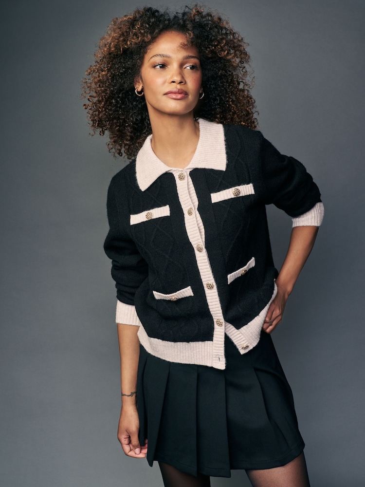 Black White Smart Contrast Tipped Knitted Co-ord Jacket - Image 1 of 6