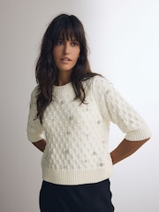 White Ecru Embellished Gem Short Sleeve Knitted Jumper - Image 3 of 7