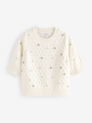 White Ecru Embellished Gem Short Sleeve Knitted Jumper - Image 5 of 7