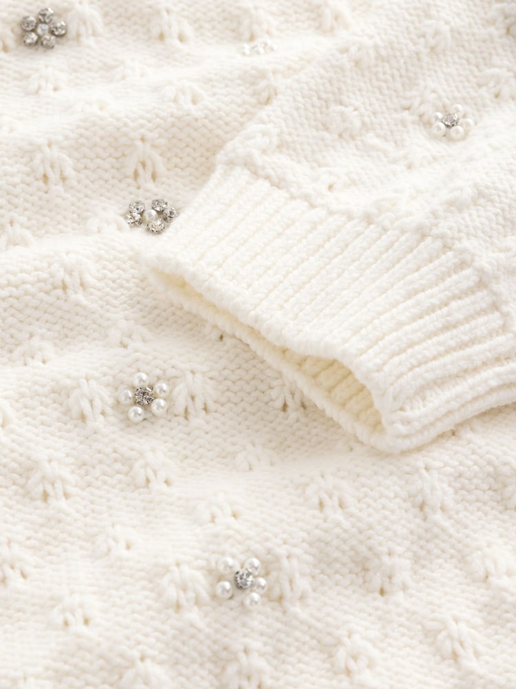 White Ecru Embellished Gem Short Sleeve Knitted Jumper - Image 7 of 7