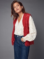 Red Knitted Open Stitch Fringe Waistcoat - Image 1 of 7