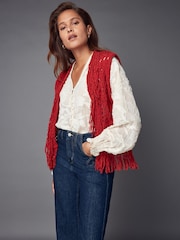 Red Knitted Open Stitch Fringe Waistcoat - Image 2 of 7