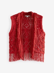 Red Knitted Open Stitch Fringe Waistcoat - Image 6 of 7