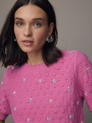 Pink Bright Embellished Gem Short Sleeve Knitted Jumper - Image 1 of 8