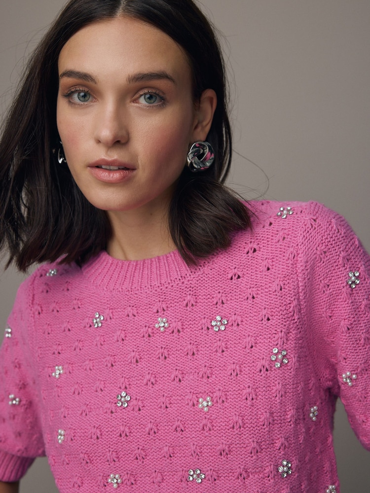 Pink Bright Embellished Gem Short Sleeve Knitted Jumper - Image 1 of 8
