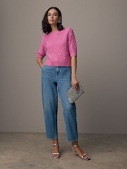 Pink Bright Embellished Gem Short Sleeve Knitted Jumper - Image 2 of 8