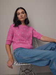 Pink Bright Embellished Gem Short Sleeve Knitted Jumper - Image 3 of 8
