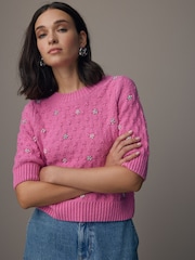 Pink Bright Embellished Gem Short Sleeve Knitted Jumper - Image 4 of 8