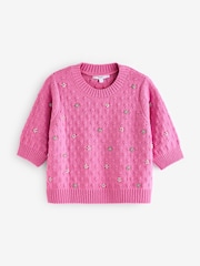 Pink Bright Embellished Gem Short Sleeve Knitted Jumper - Image 6 of 8