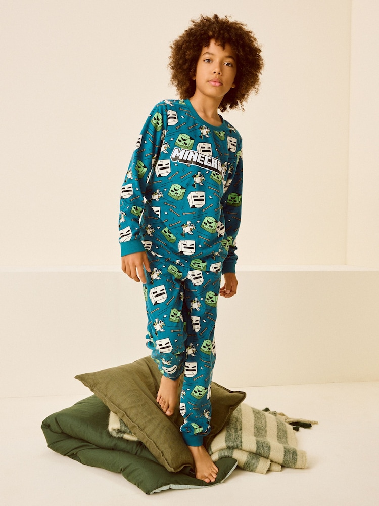 Teal Blue Minecraft Single Soft Touch Fleece Pyjamas with Elastane (5-16yrs) - Image 1 of 7