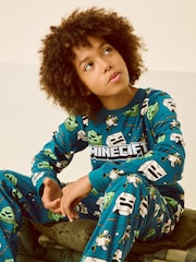 Teal Blue Minecraft Single Soft Touch Fleece Pyjamas with Elastane (5-16yrs) - Image 2 of 7
