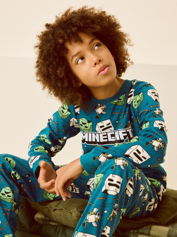 Teal Blue Minecraft Single Soft Touch Fleece Pyjamas with Elastane (5-16yrs) - Image 2 of 7