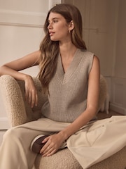 Neutral Longline Sleeveless Ribbed V-Neck Knitted Tank Vest Top - Image 3 of 7