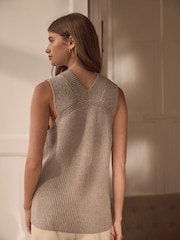 Neutral Longline Sleeveless Ribbed V-Neck Knitted Tank Vest Top - Image 4 of 7