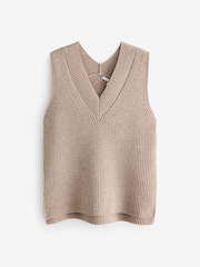 Neutral Longline Sleeveless Ribbed V-Neck Knitted Tank Vest Top - Image 6 of 7