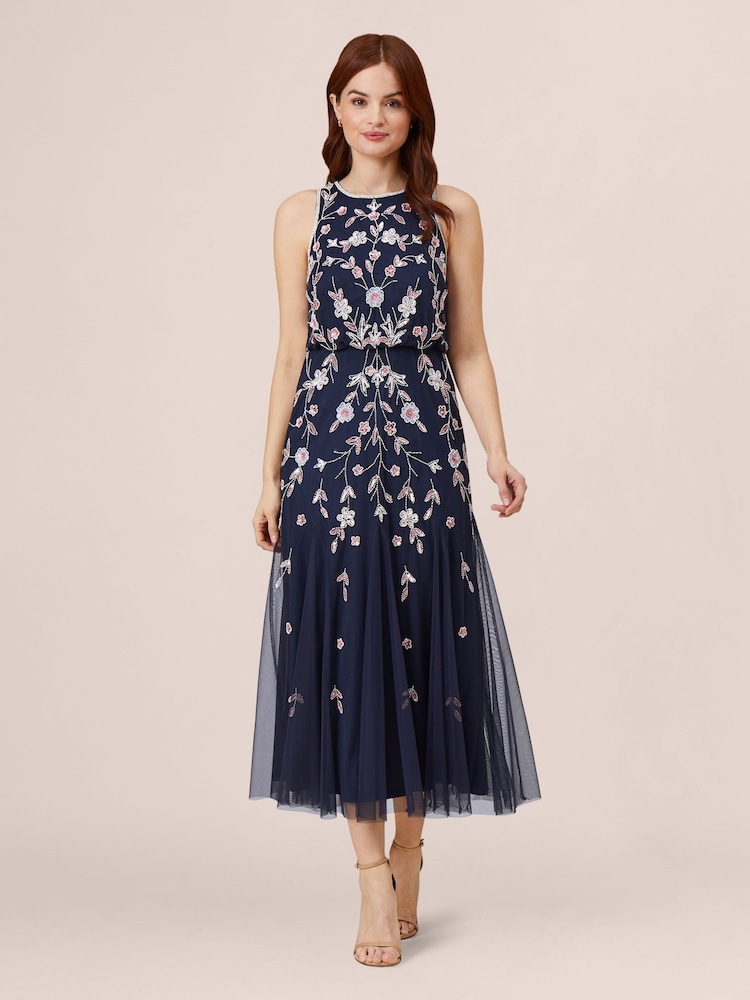 Adrianna Papell Blue Beaded Blouson Dress - Image 1 of 7