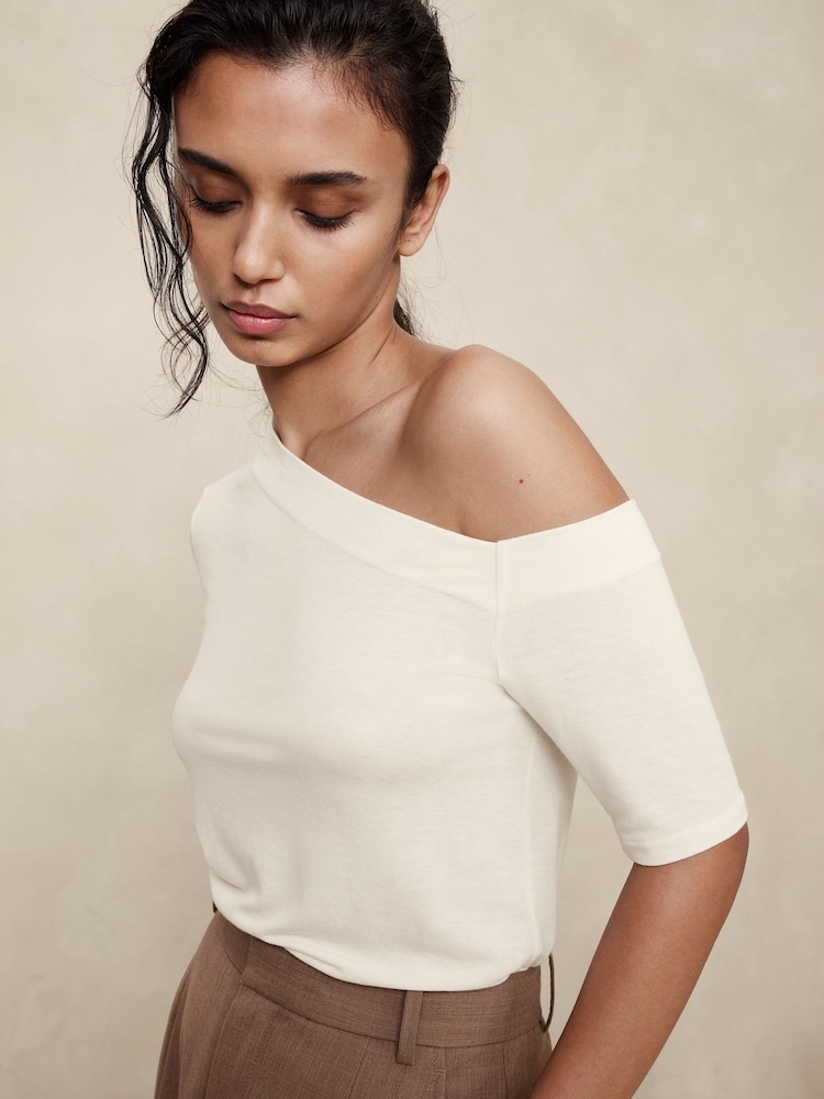Banana Republic Cream Asymmetrical Wool-Blend Top - Image 1 of 4 Banana Republic Cream Asymmetrical Wool-Blend Top - Image 1 of 4
